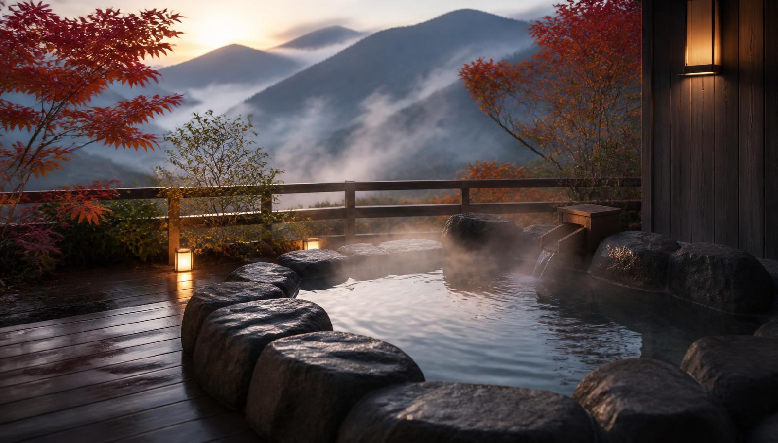 Private stone onsen bath steaming at dawn beneath autumn maples in a misty Japanese valley — best time for a luxury onsen retreat in Japan