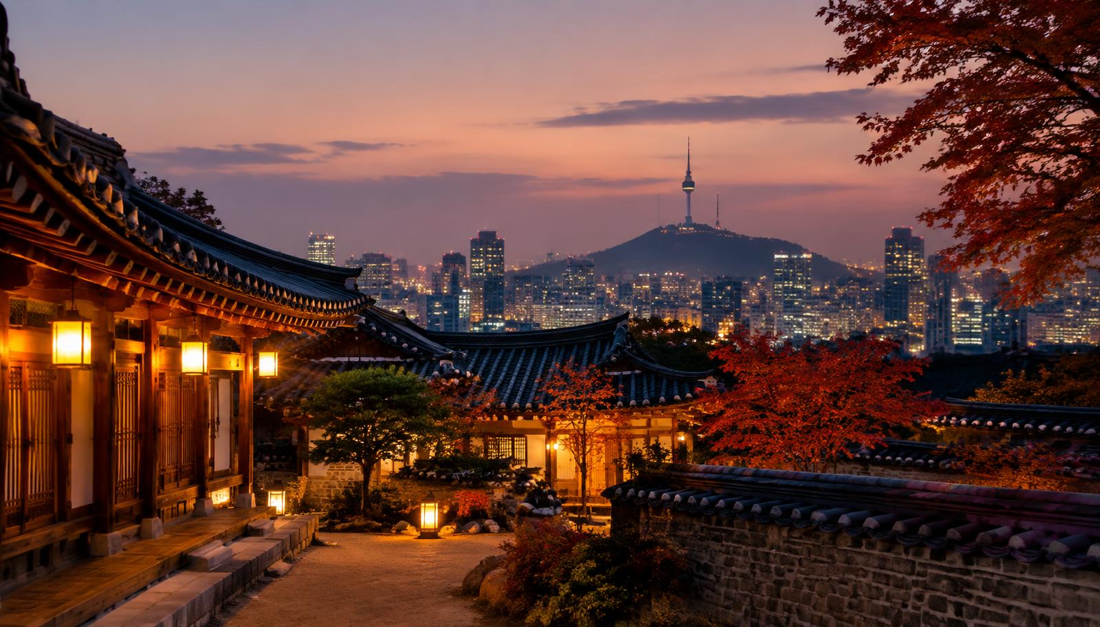 Hanok courtyard house in Seoul at dusk with autumn maples and the city skyline beyond