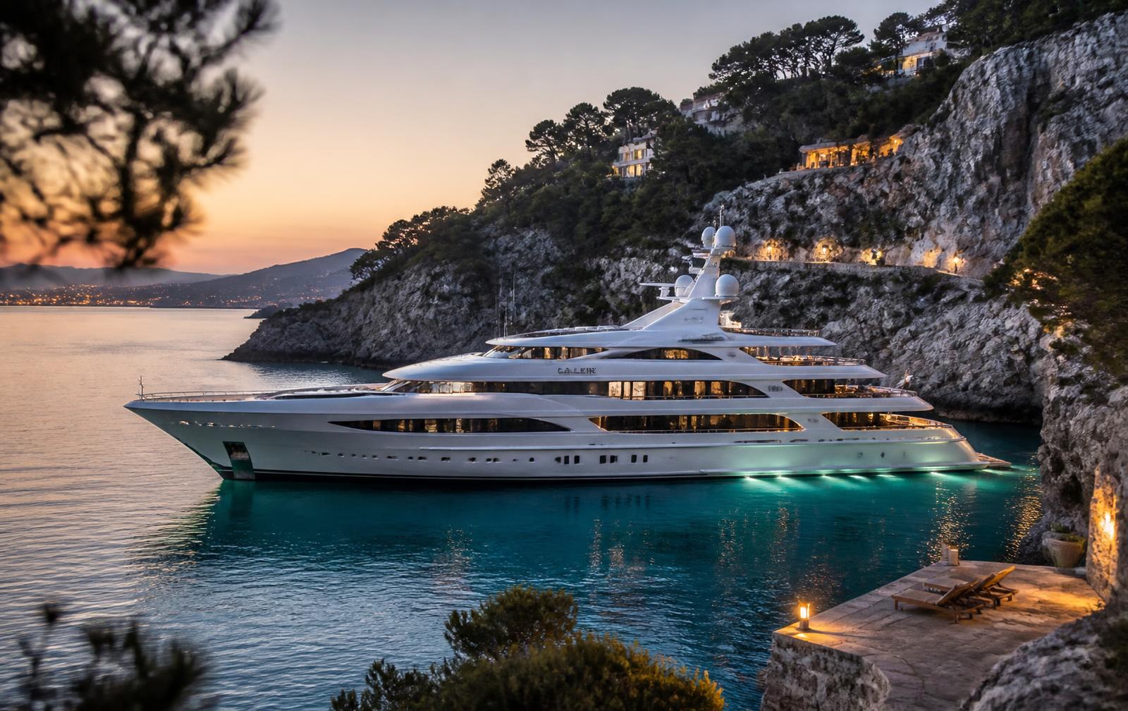A motor yacht at anchor in a quiet Mediterranean bay
