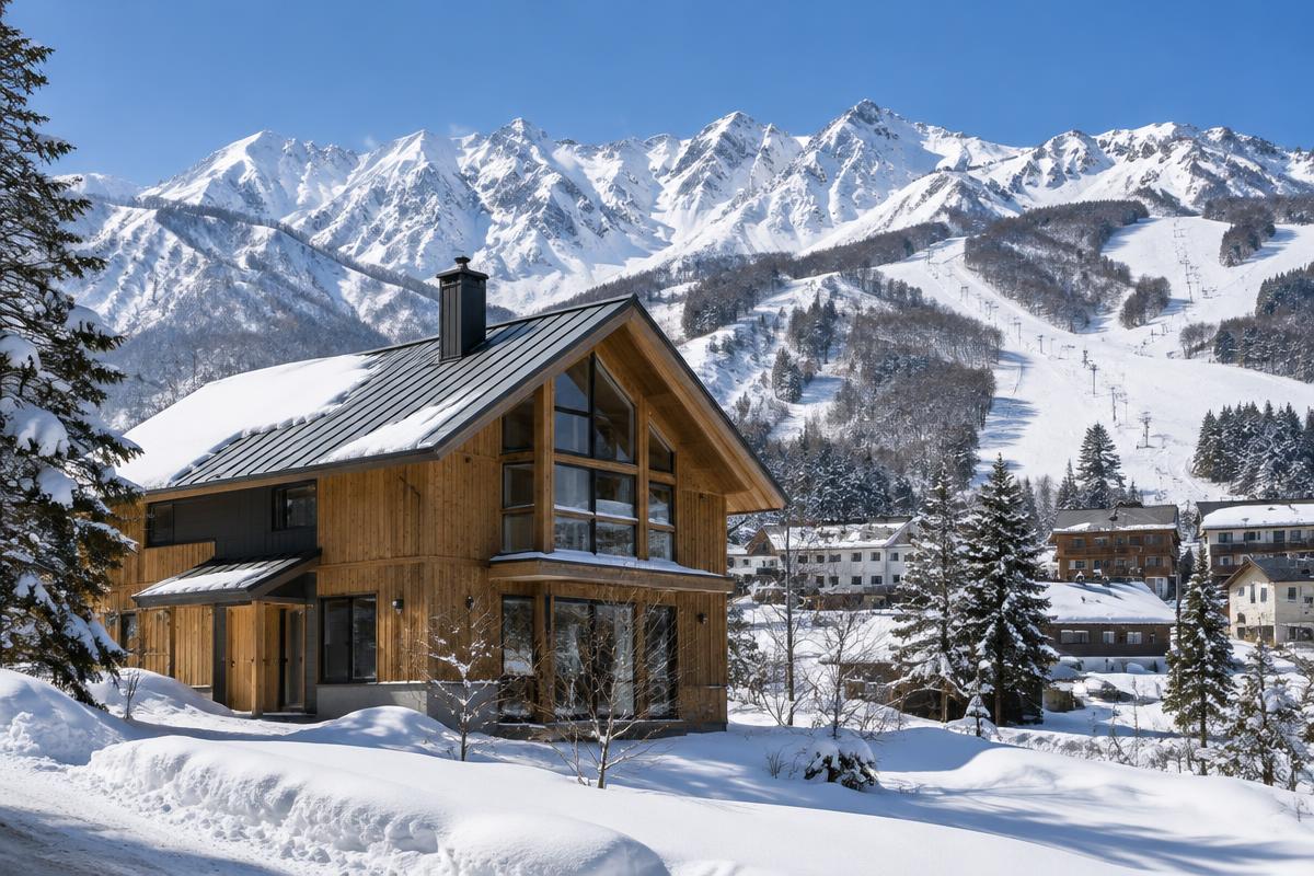 Mountain house in the Happo village area of Hakuba in winter, with snow-covered peaks of the Japan Alps; illustrative, not a photograph of the listed property