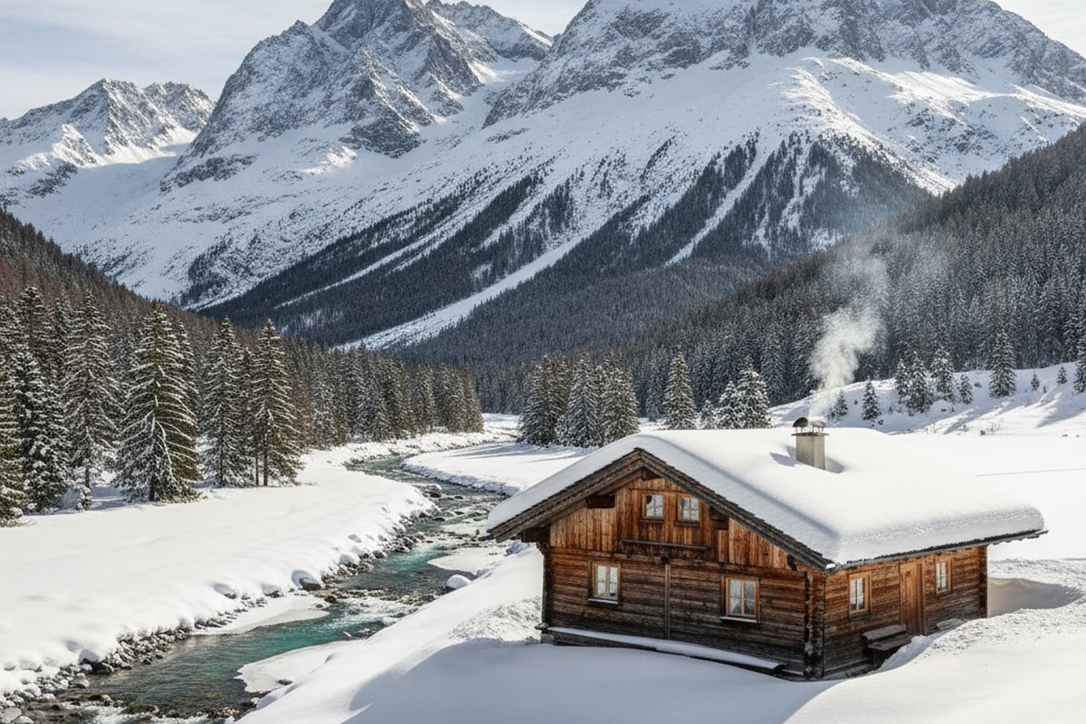 Alpine chalet in the Omesberg area of Lech am Arlberg, Austria, deep in snow beside the Lech river; illustrative, not a photograph of the listed property
