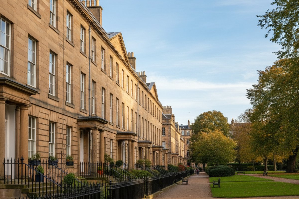 Georgian sandstone townhouses on Heriot Row, Edinburgh New Town, facing private gardens; illustrative, not a photograph of the listed property