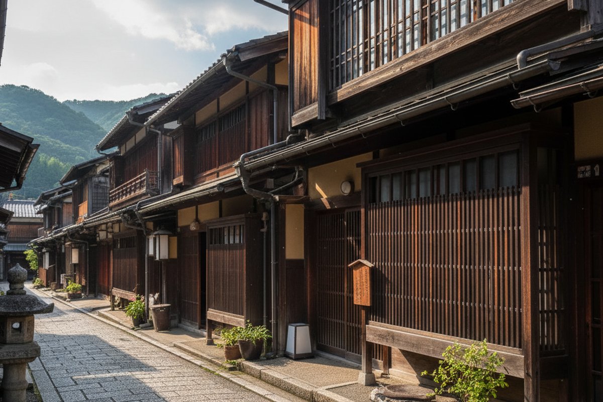 Wooden teahouse facades with kimusuko lattices in the Higashi Chaya district, Kanazawa; illustrative, not a photograph of the listed property
