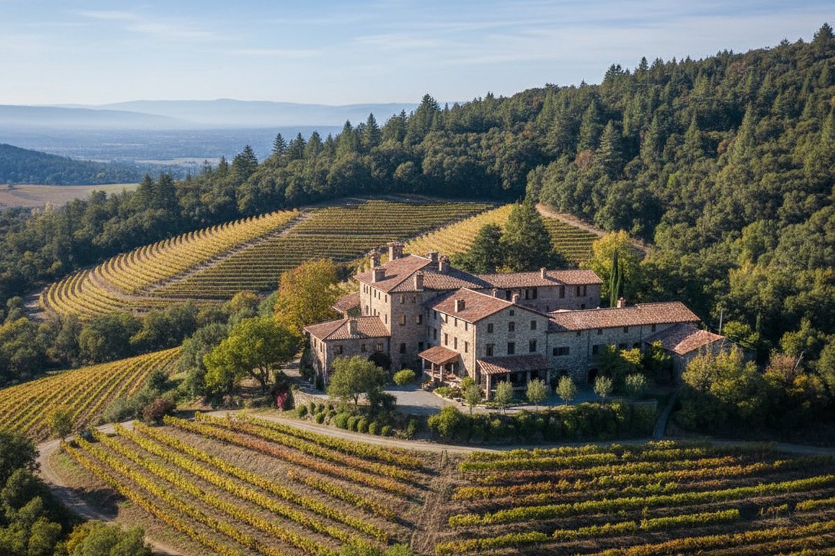 Stone estate among forest and hillside vineyards on Howell Mountain above Angwin, Napa Valley; illustrative, not a photograph of the listed property