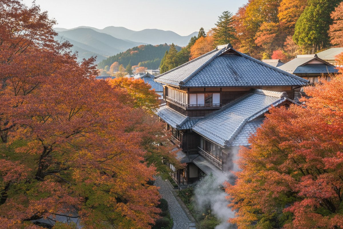 Traditional onsen inn with tiled roofs in Yamashiro Onsen, Kaga, Ishikawa, amid autumn trees; illustrative, not a photograph of the listed property