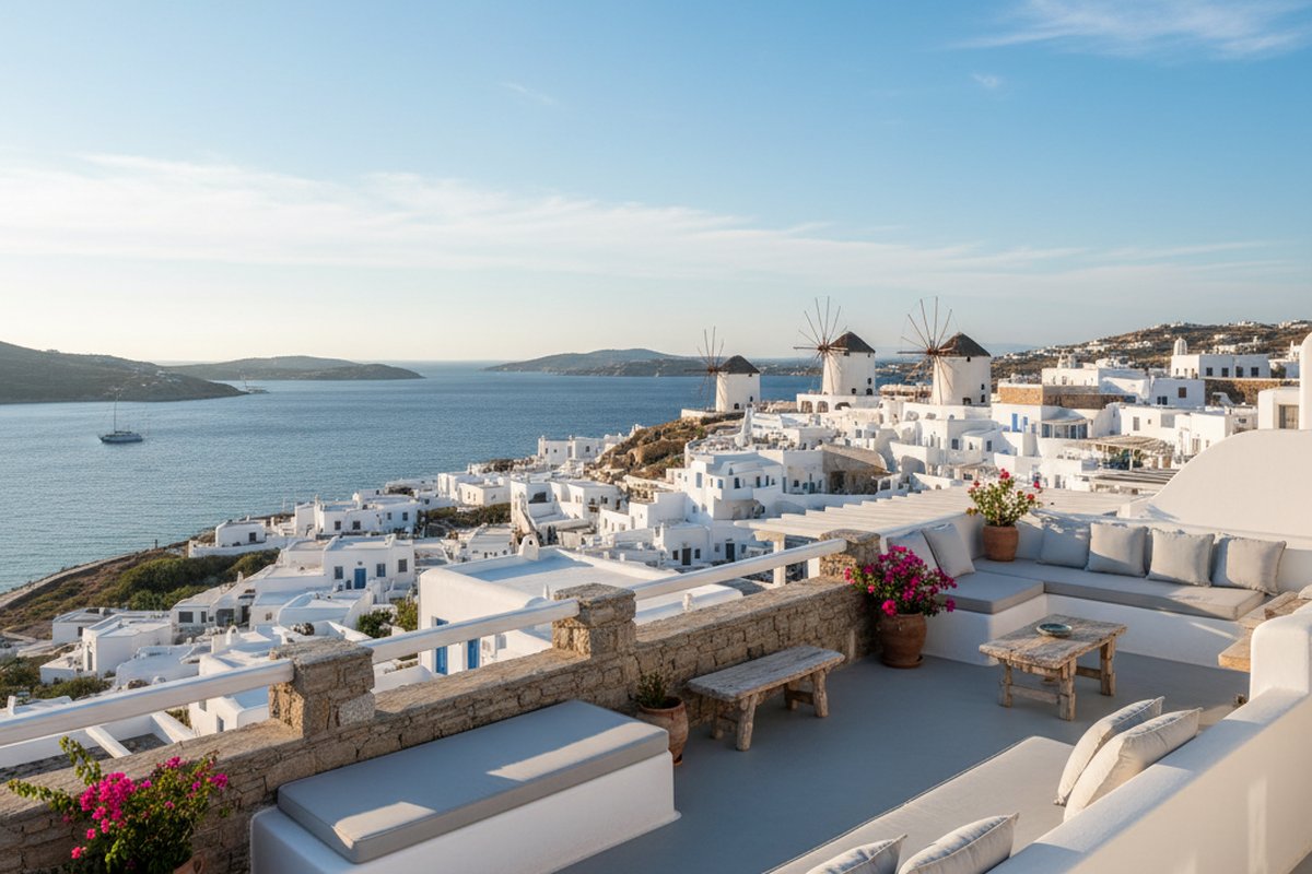 Whitewashed villa terrace on the hillside of Kanalia above Mykonos Town and its windmills; illustrative, not a photograph of the listed property