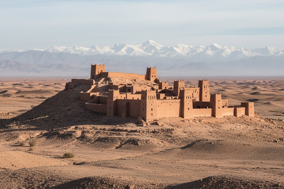 Earthen kasbah in the stony Agafay desert near Marrakech with the snowy Atlas Mountains on the horizon; illustrative, not a photograph of the listed property