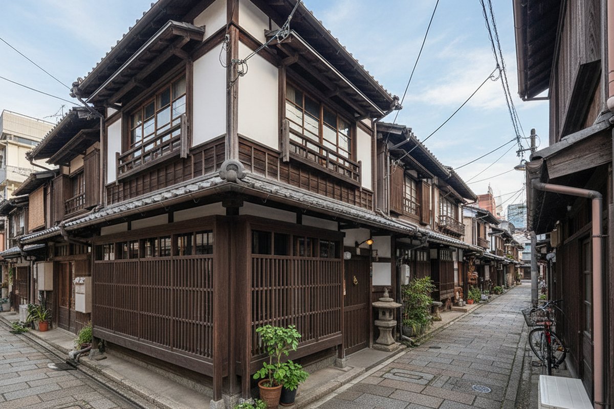 Restored wooden machiya house on a narrow old lane in Nakazakicho, Kita ward, Osaka; illustrative, not a photograph of the listed property
