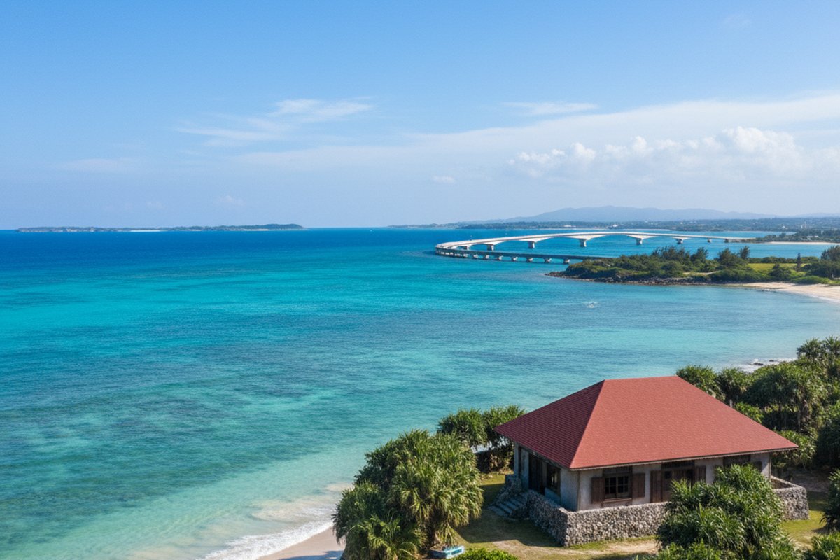 Simple Okinawan house with red-tiled roof near the turquoise water and bridge at Kouri Island; illustrative, not a photograph of the listed property