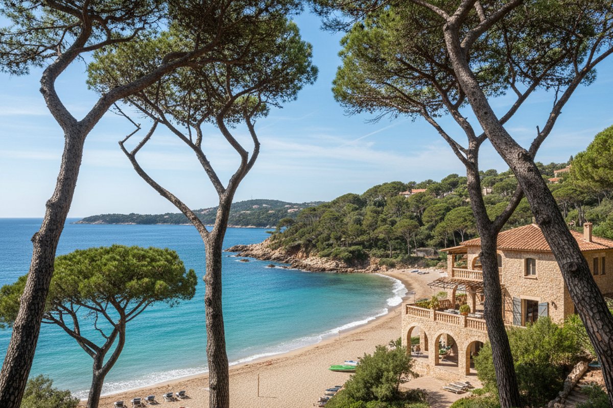 Provencal villa among umbrella pines above the small beach of La Garoupe, Cap d'Antibes; illustrative, not a photograph of the listed property