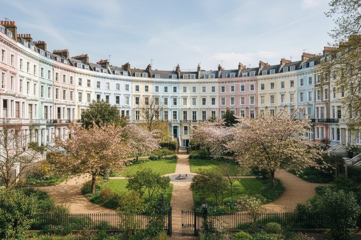 Pastel stucco Victorian houses around a communal garden in Notting Hill, London; illustrative, not a photograph of the listed property