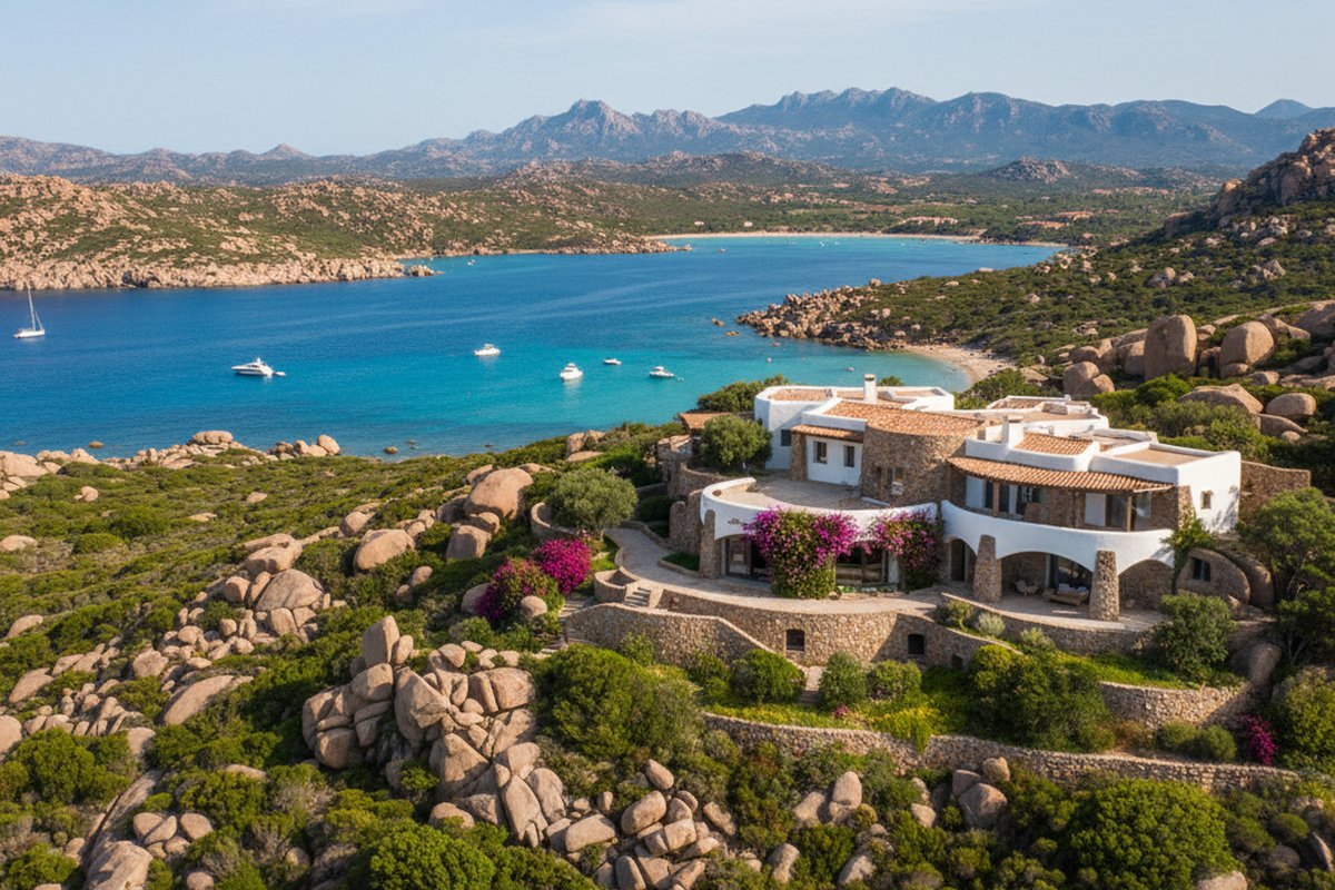 Granite-and-stucco Costa Smeralda villa among maquis above Liscia di Vacca bay, Sardinia; illustrative, not a photograph of the listed property