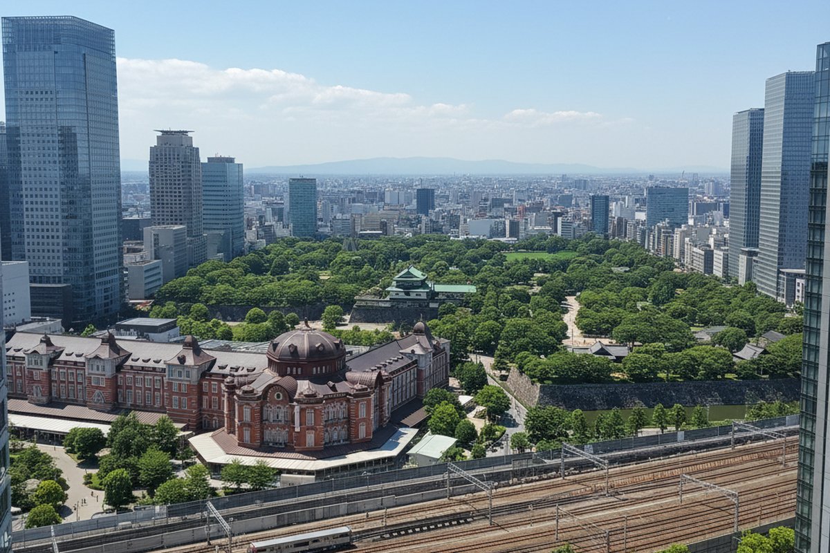 High-floor view over Marunouchi, Tokyo, with the red-brick Tokyo Station and Imperial Palace gardens; illustrative, not a photograph of the listed property