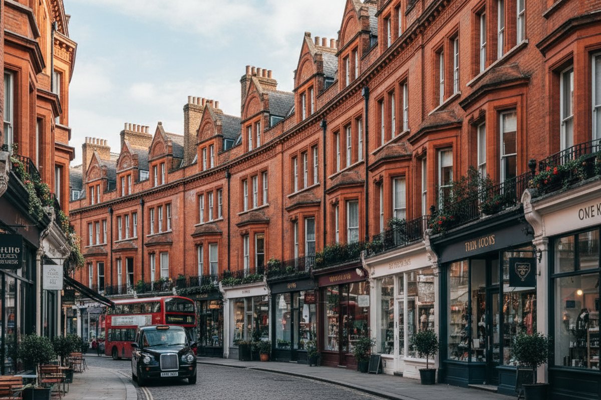 Red-brick mansion blocks along winding Marylebone Lane, London, with shopfronts; illustrative, not a photograph of the listed property