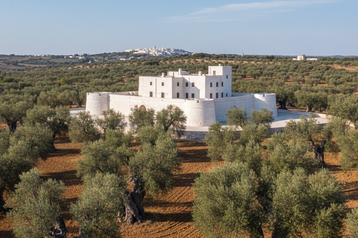 White fortified masseria among ancient olive groves outside Ostuni, Puglia; illustrative, not a photograph of the listed property