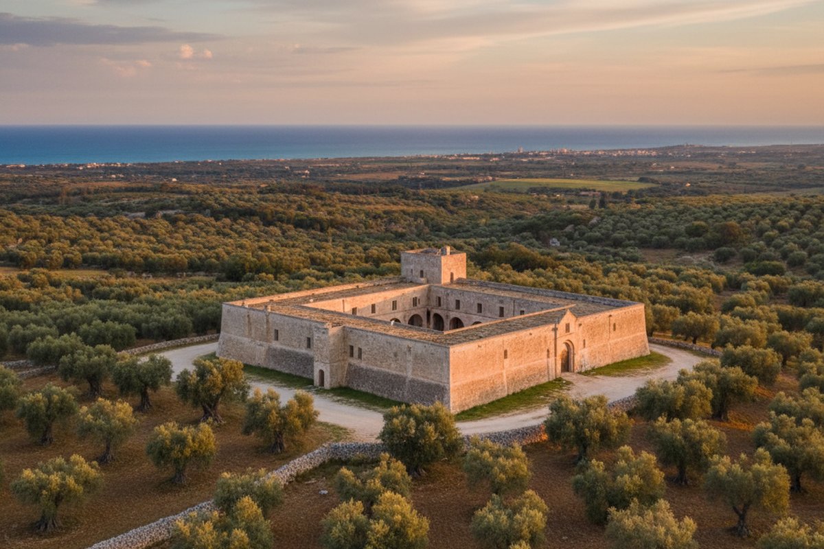 Stone masseria with courtyard among olive trees near Carovigno, Puglia, with the Adriatic in the distance; illustrative, not a photograph of the listed property
