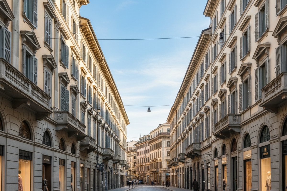 Neoclassical palazzo facades on Via Montenapoleone, Milan's Quadrilatero della Moda; illustrative, not a photograph of the listed property