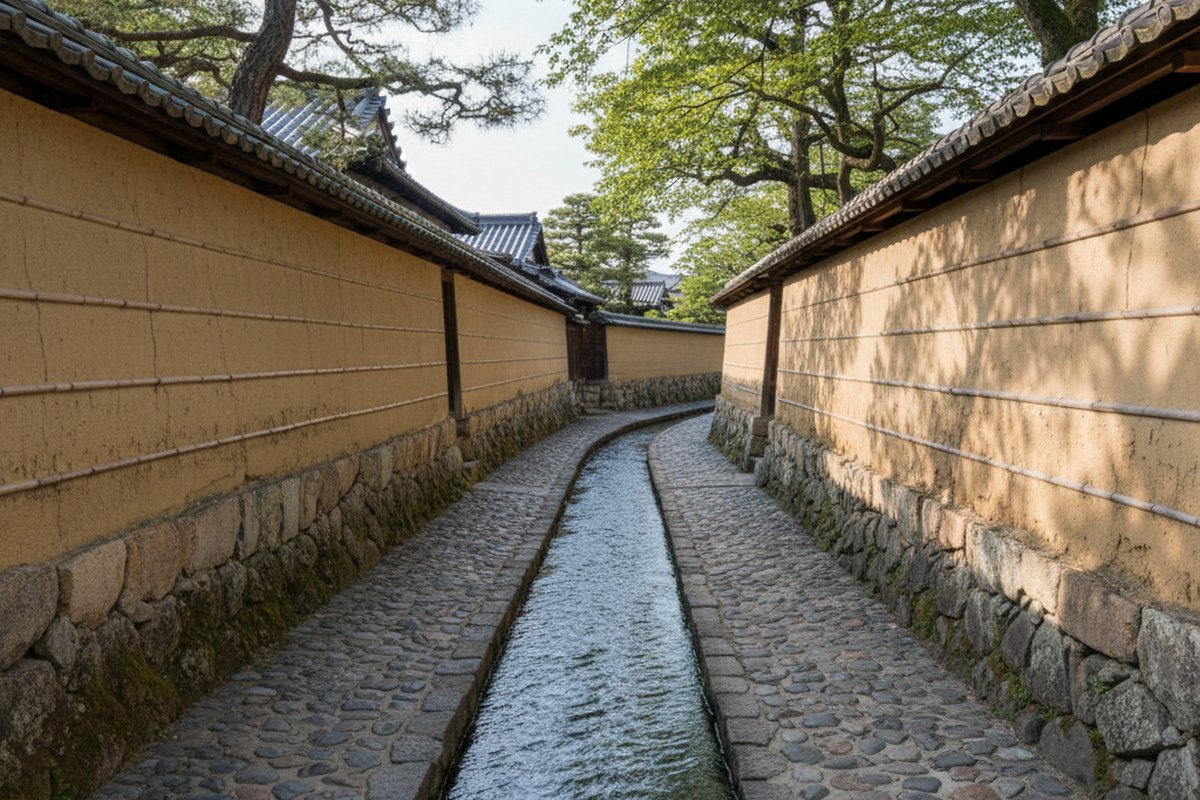 Earthen walls and stone canal of the Nagamachi samurai district, Kanazawa; illustrative, not a photograph of the listed property