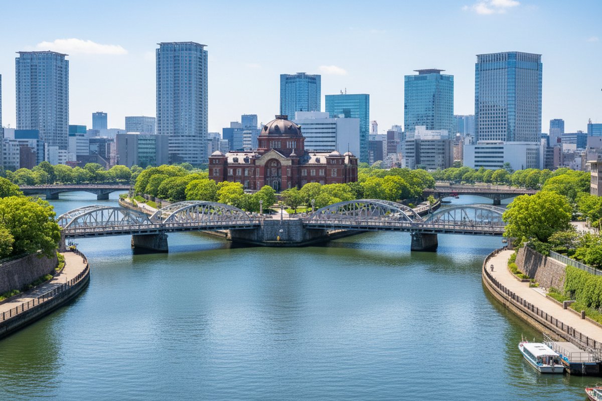 Riverside view of Nakanoshima island, Osaka, with the historic Central Public Hall and bridges; illustrative, not a photograph of the listed property