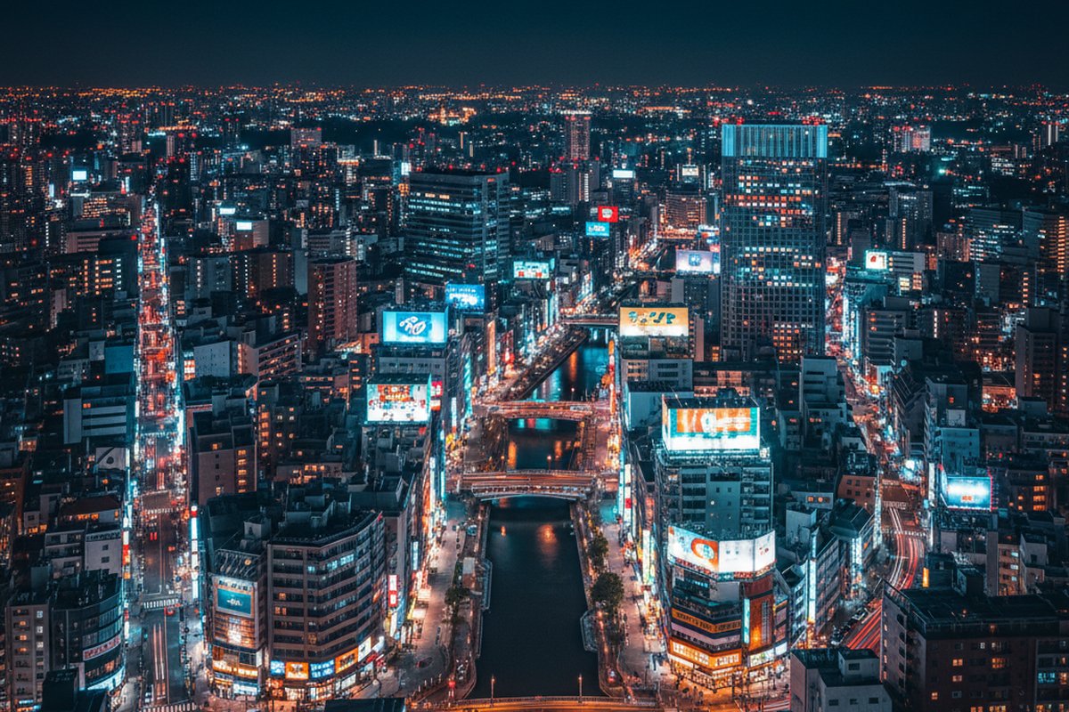 High-rise view over Namba, Osaka, at night with neon streets and city lights; illustrative, not a photograph of the listed property
