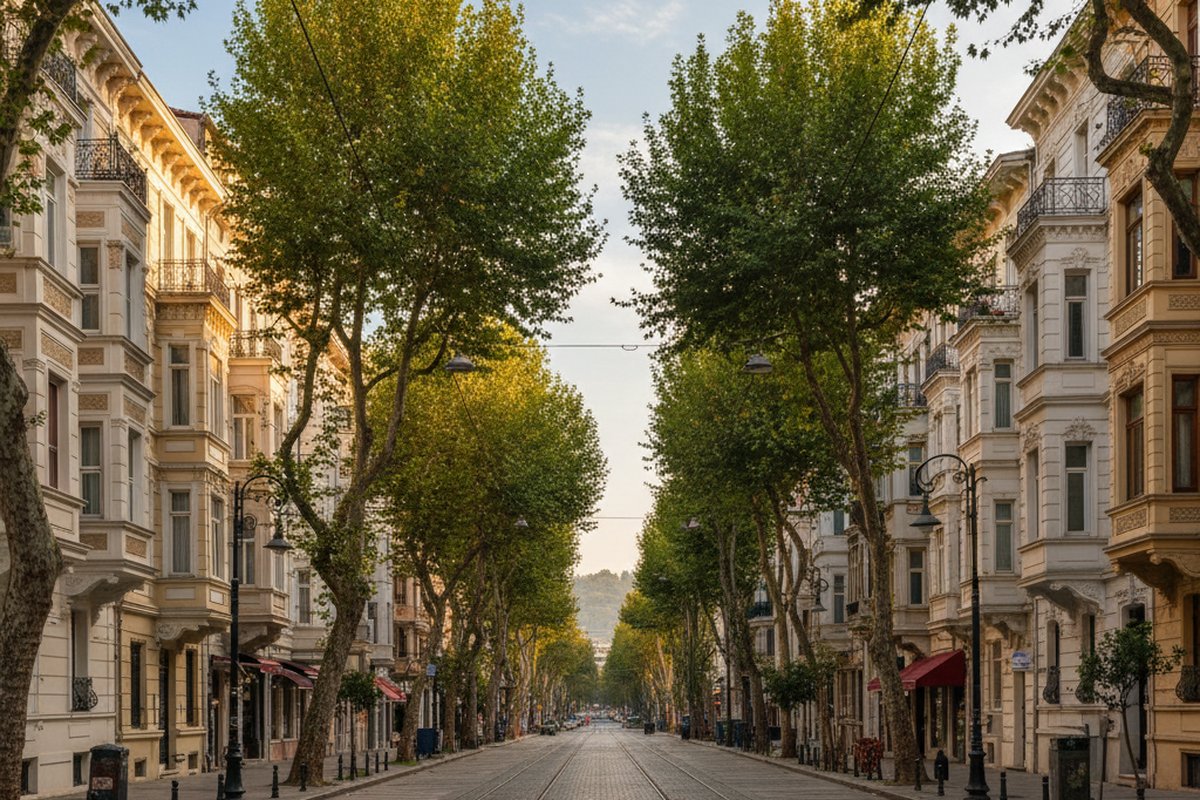 Belle Epoque apartment buildings with bay windows on a tree-lined street in Nisantasi, Istanbul; illustrative, not a photograph of the listed property
