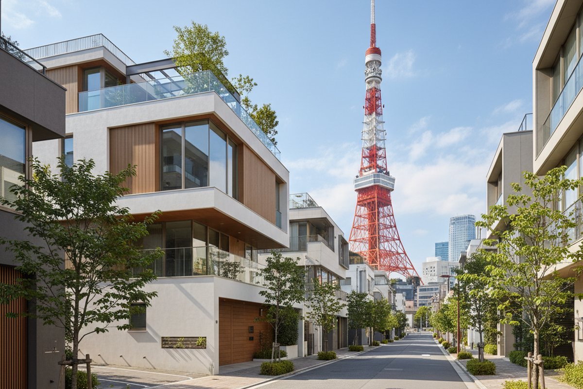Contemporary townhouse on a quiet sloping street in Nishi-Azabu, Tokyo, with Tokyo Tower in view; illustrative, not a photograph of the listed property