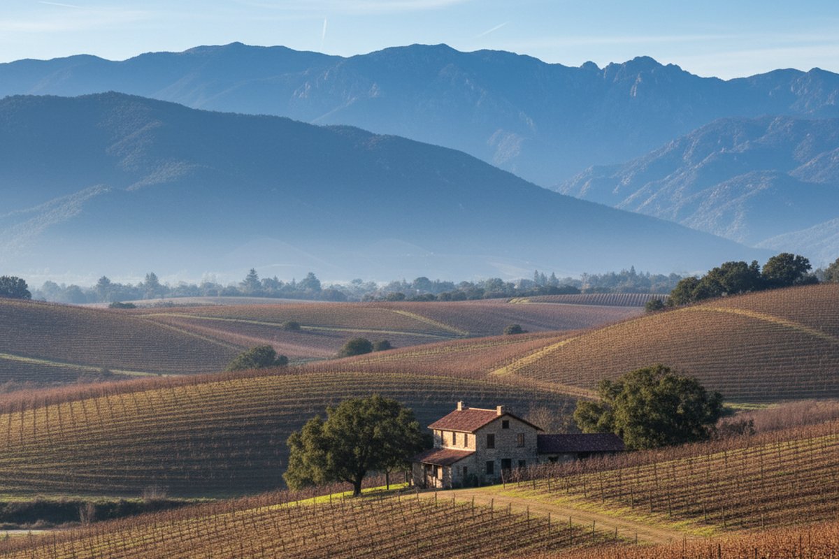 Farmhouse among vineyard rows on the Oakville valley floor, Napa, with the Mayacamas mountains; illustrative, not a photograph of the listed property