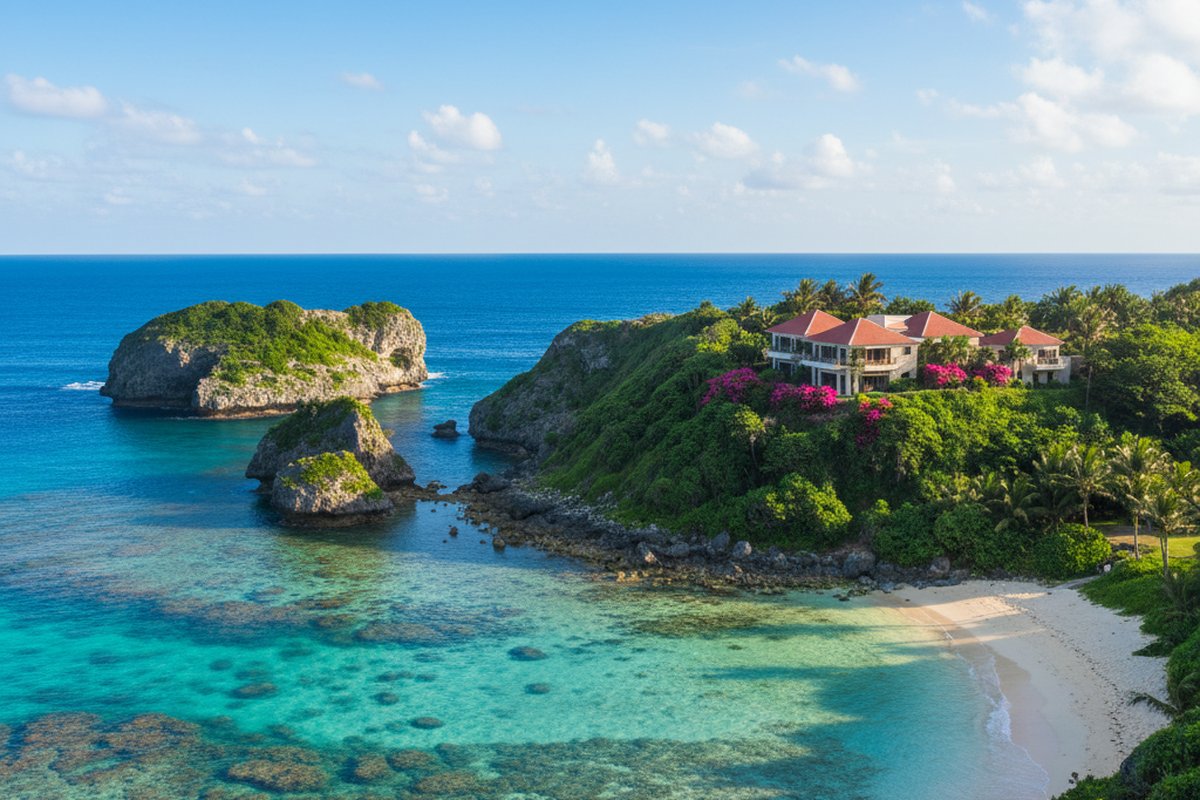 Villa above the coral coast at Onna, Okinawa, with the Cape Manzamo cliffs and blue sea; illustrative, not a photograph of the listed property