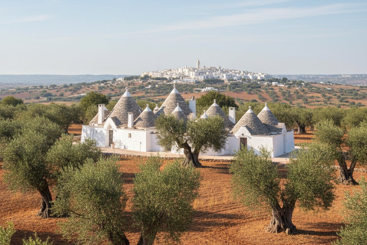 Cluster of whitewashed conical-roofed trulli among olive trees in the Itria valley near Ostuni; illustrative, not a photograph of the listed property
