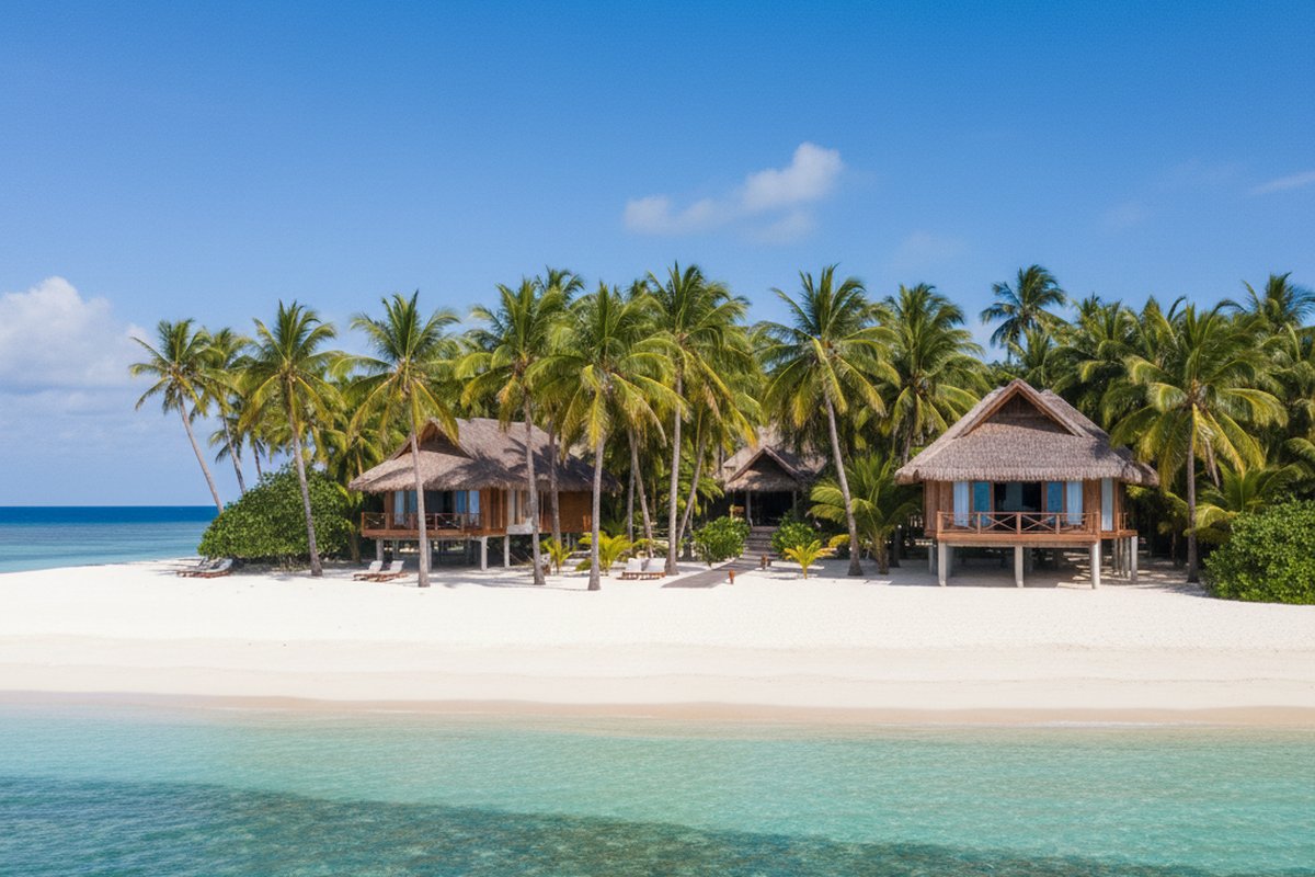 Beach villa behind white sand and palms on Pamalican island in the Sulu Sea, Philippines; illustrative, not a photograph of the listed property