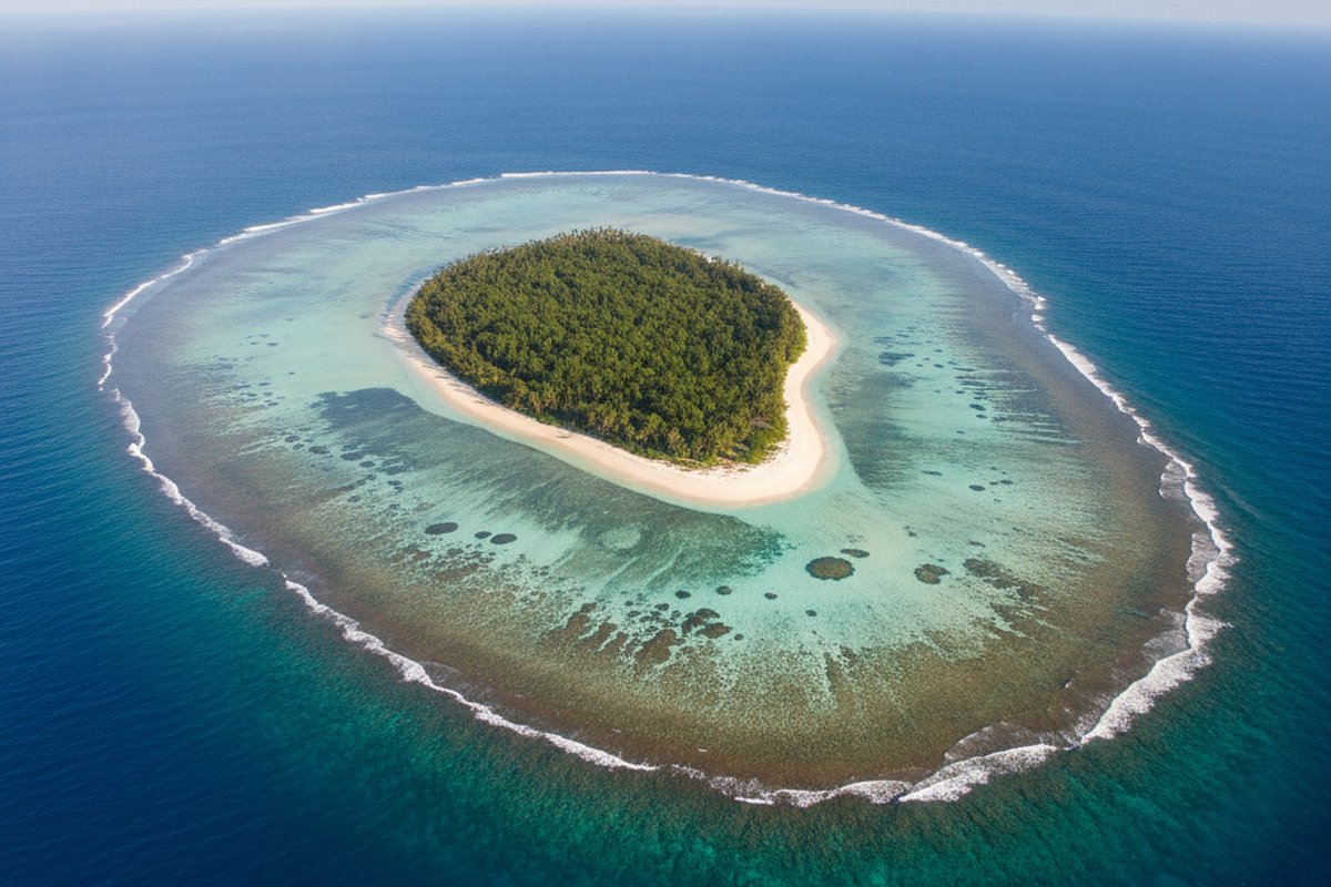 Aerial view of tiny Pamalican island, Philippines, ringed by white sand and reef; illustrative, not a photograph of the listed property