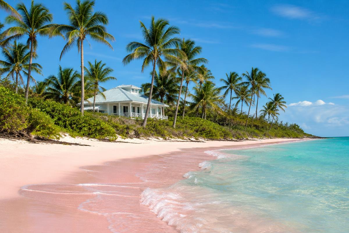 Cottage among palms behind the pink sand beach of Harbour Island, Bahamas; illustrative, not a photograph of the listed property