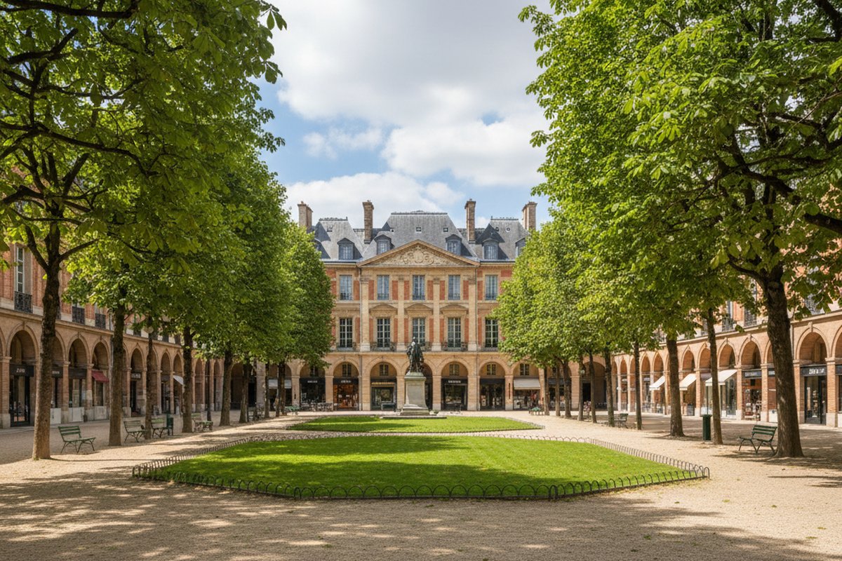 Red-brick arcaded pavilions around the Place des Vosges garden, Le Marais, Paris; illustrative, not a photograph of the listed property