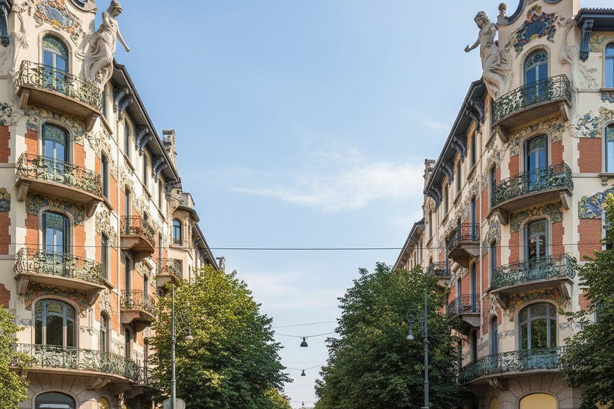 Ornate Liberty-style Art Nouveau facades in the Porta Venezia district, Milan; illustrative, not a photograph of the listed property