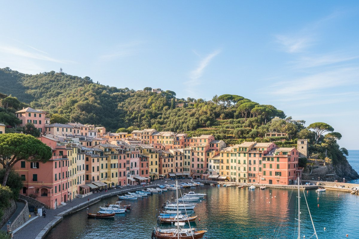 Pastel houses around the tiny harbour of Portofino, Liguria, with boats and wooded headland; illustrative, not a photograph of the listed property