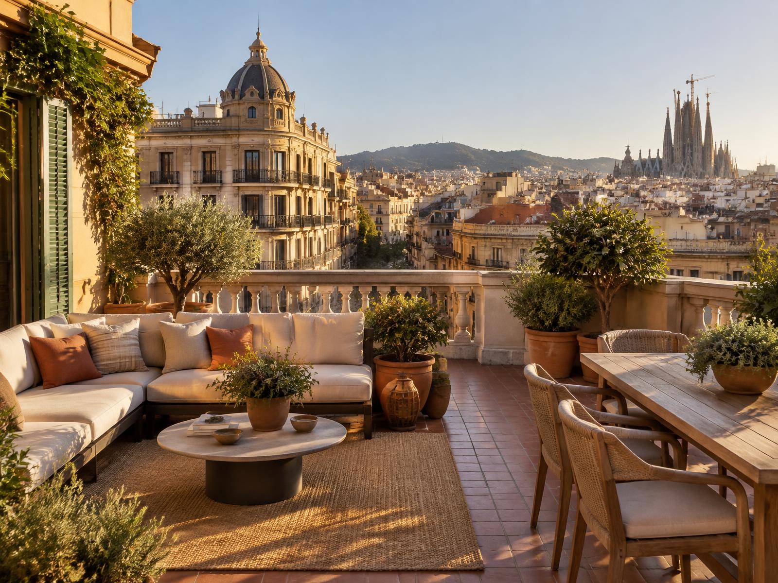 Illustrative Barcelona rooftop terrace with city views; not a photograph of the listed apartment
