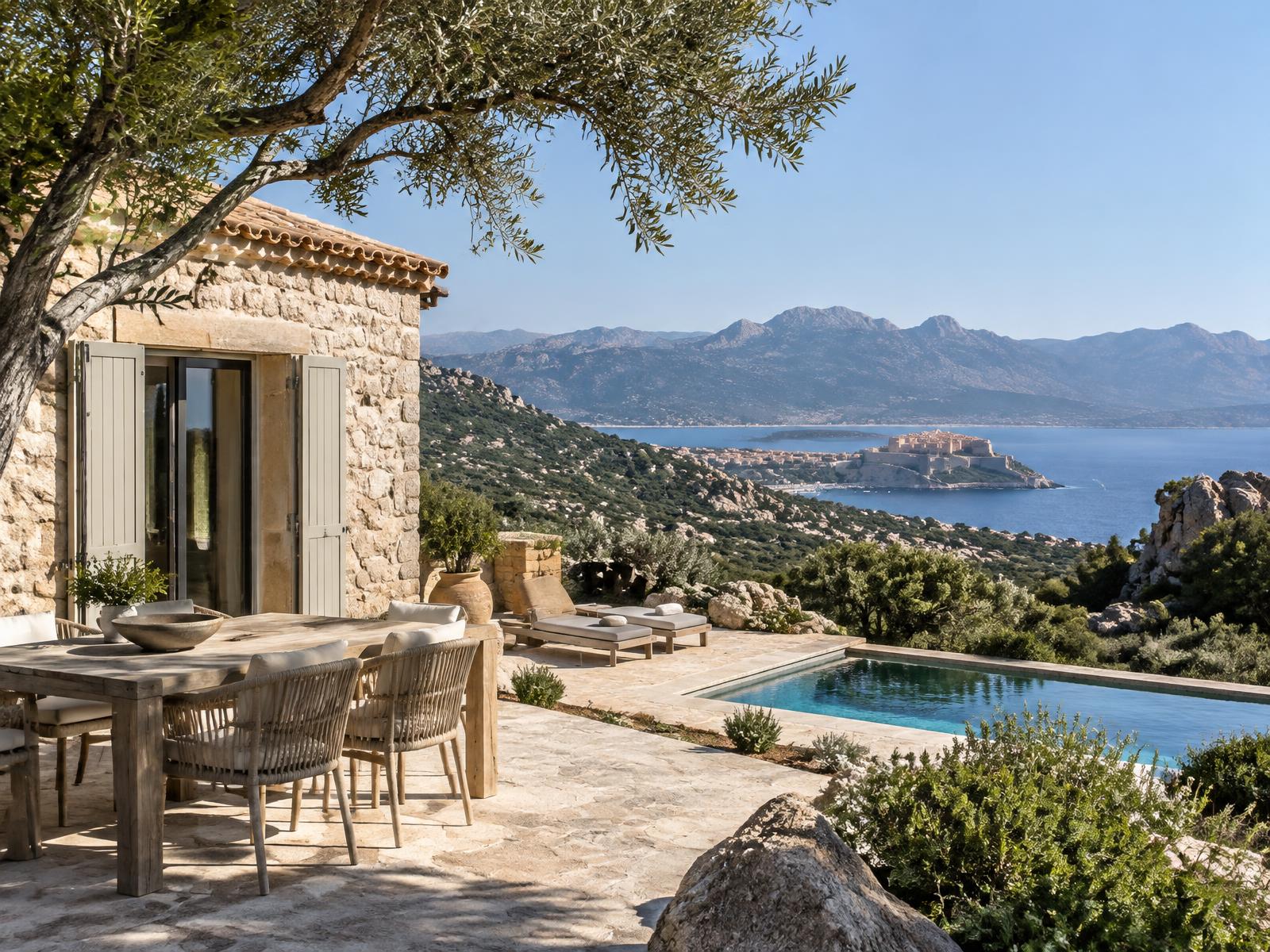 Illustrative Corsican stone house and Mediterranean coastal landscape; not a photograph of the listed house