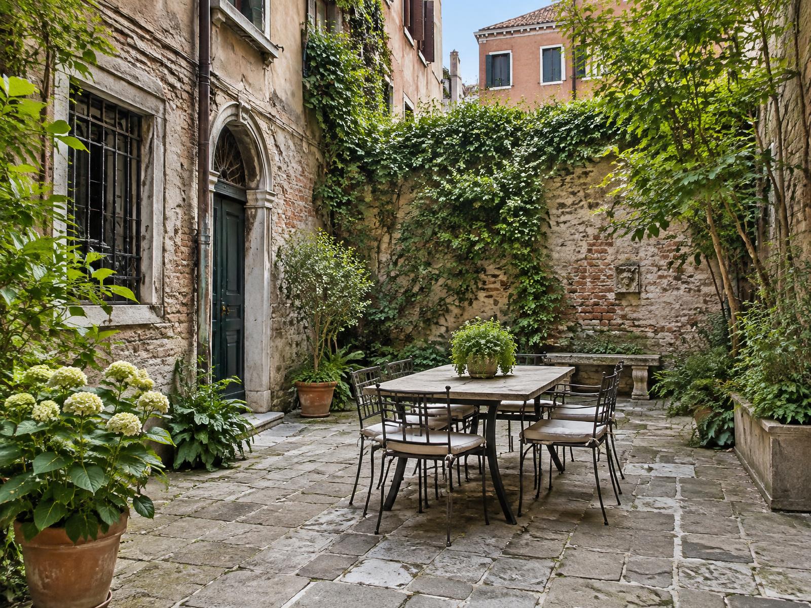 Illustrative Venetian garden courtyard in the style of Castello; not a photograph of the listed house