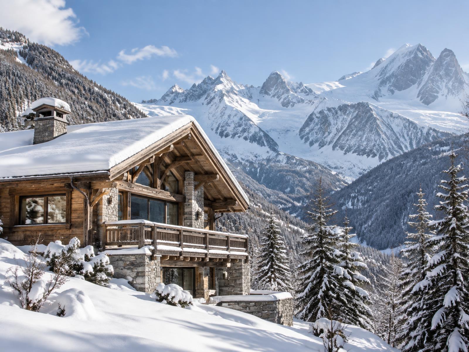 Illustrative alpine chalet in a snowy mountain landscape near Argentière; not a photograph of the listed chalet