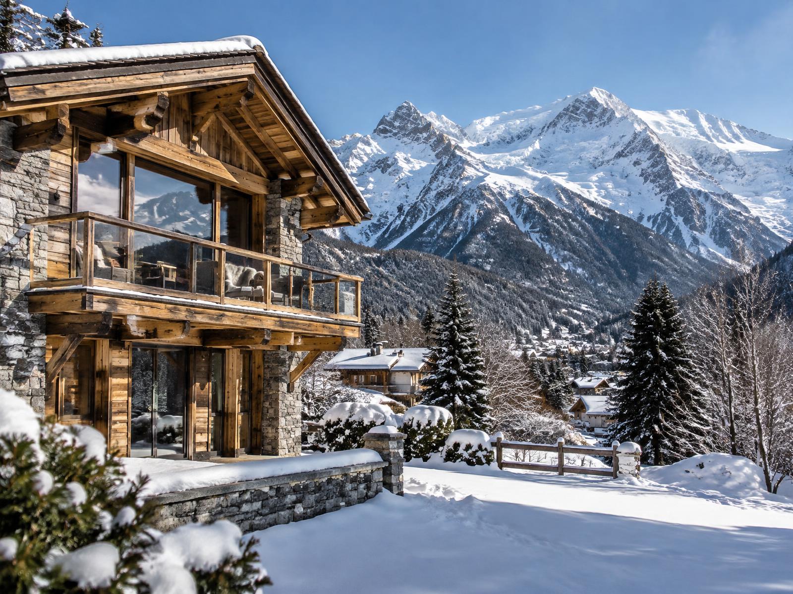 Illustrative winter chalet near Les Praz with an alpine mountain backdrop; not a photograph of the listed chalet