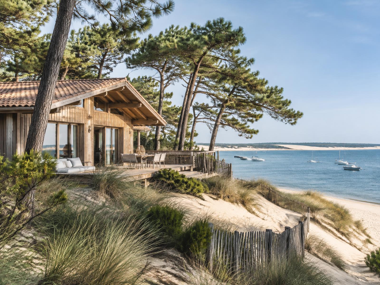 Illustrative timber house among Atlantic dunes and pines near Cap Ferret; not a photograph of the listed house