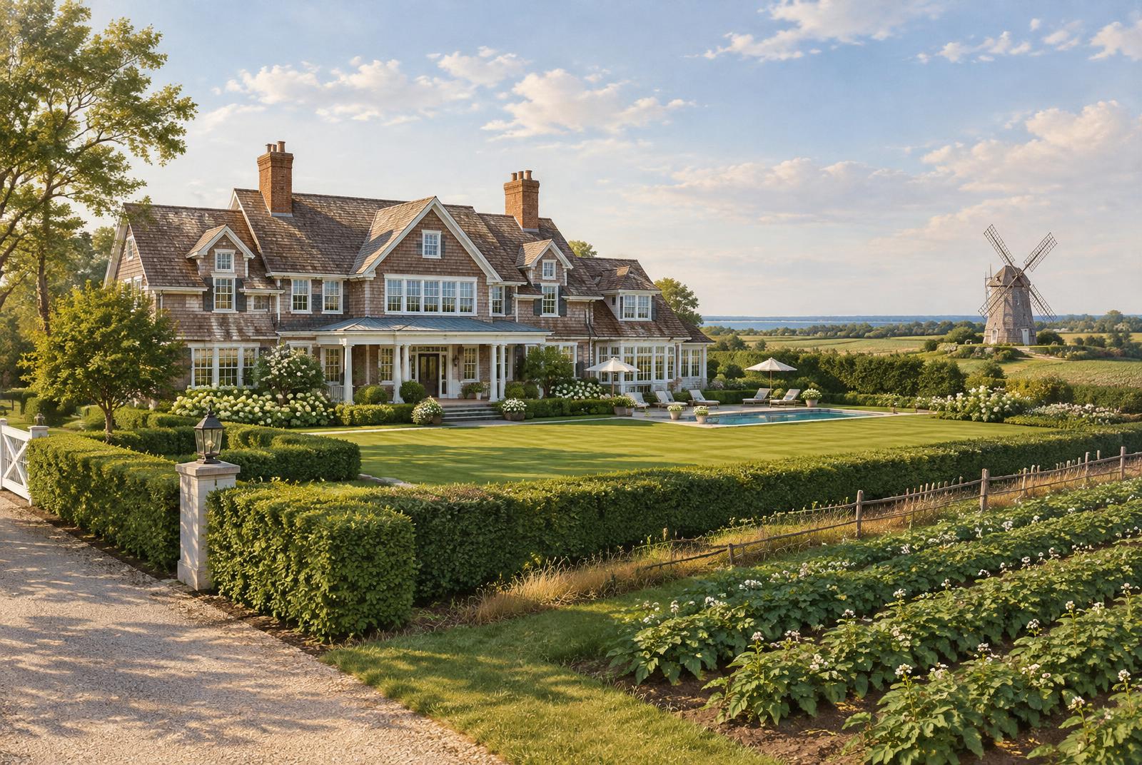 Illustrative shingled Hamptons estate near Water Mill, New York; not a photograph of the listed property