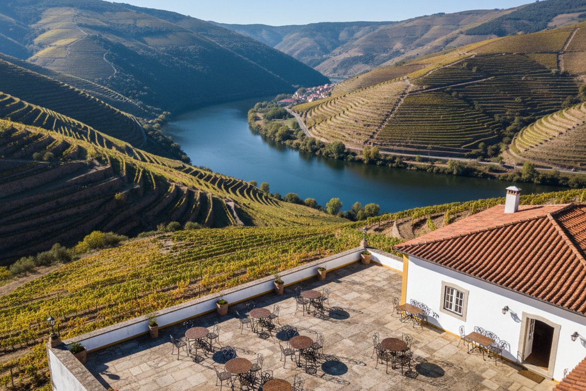 Quinta with terrace overlooking a bend of the Douro River and vineyard terraces near Pinhao; illustrative, not a photograph of the listed property