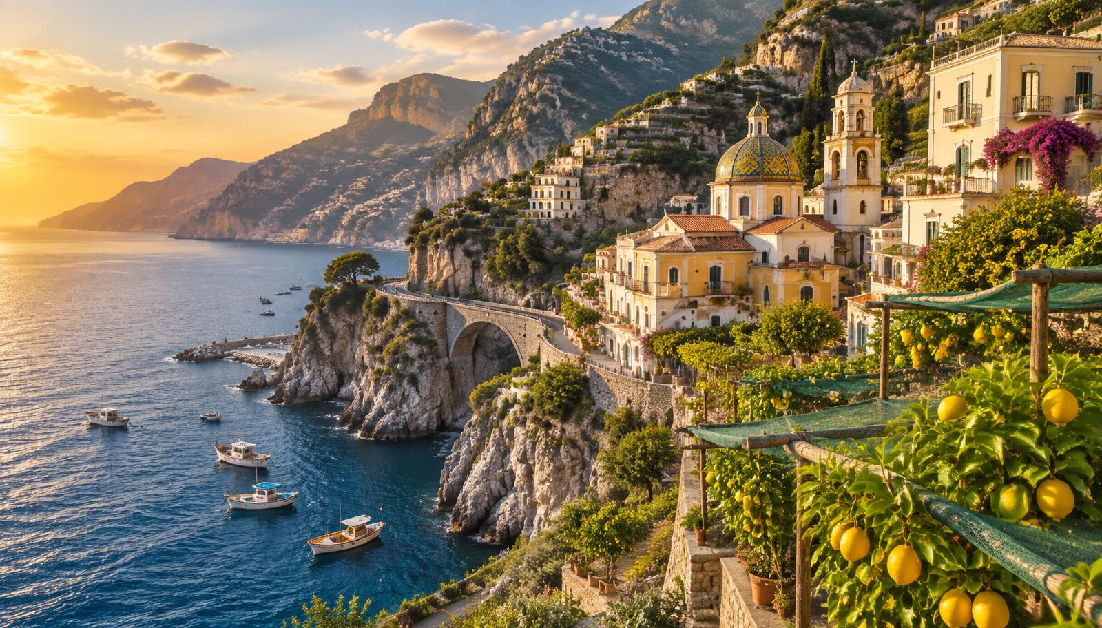 AI-generated illustration of the Amalfi Coast: cliffs, terraced lemon groves, a domed church and a coastal road above the sea; not a photograph or a listed villa