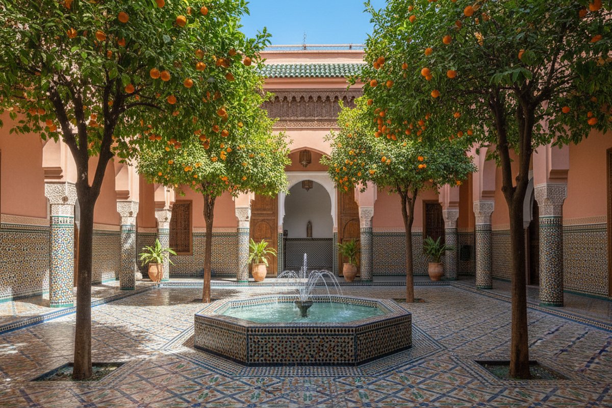 Riad courtyard with orange trees, zellige tiles and a fountain in the Marrakech medina; illustrative, not a photograph of the listed property
