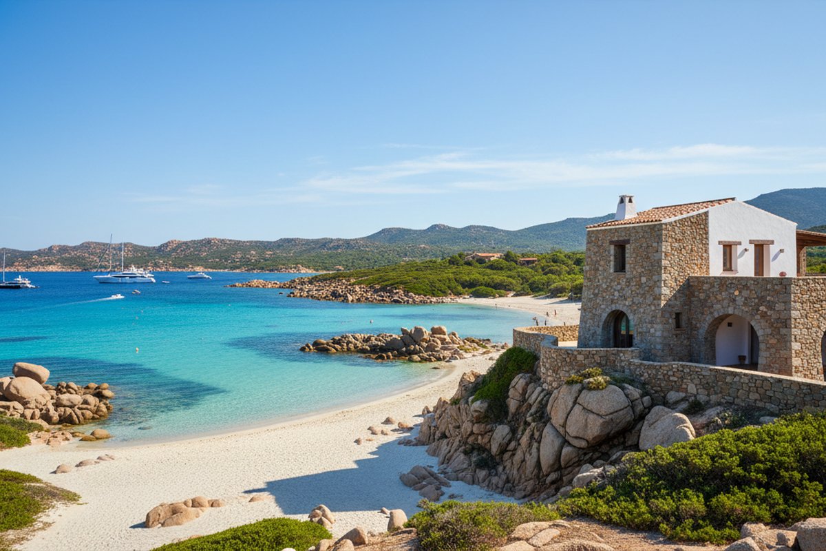 Costa Smeralda house of rough granite and stucco above Romazzino beach, Sardinia; illustrative, not a photograph of the listed property