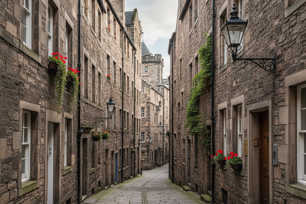 Narrow stone close off the Royal Mile in Edinburgh's Old Town; illustrative, not a photograph of the listed property