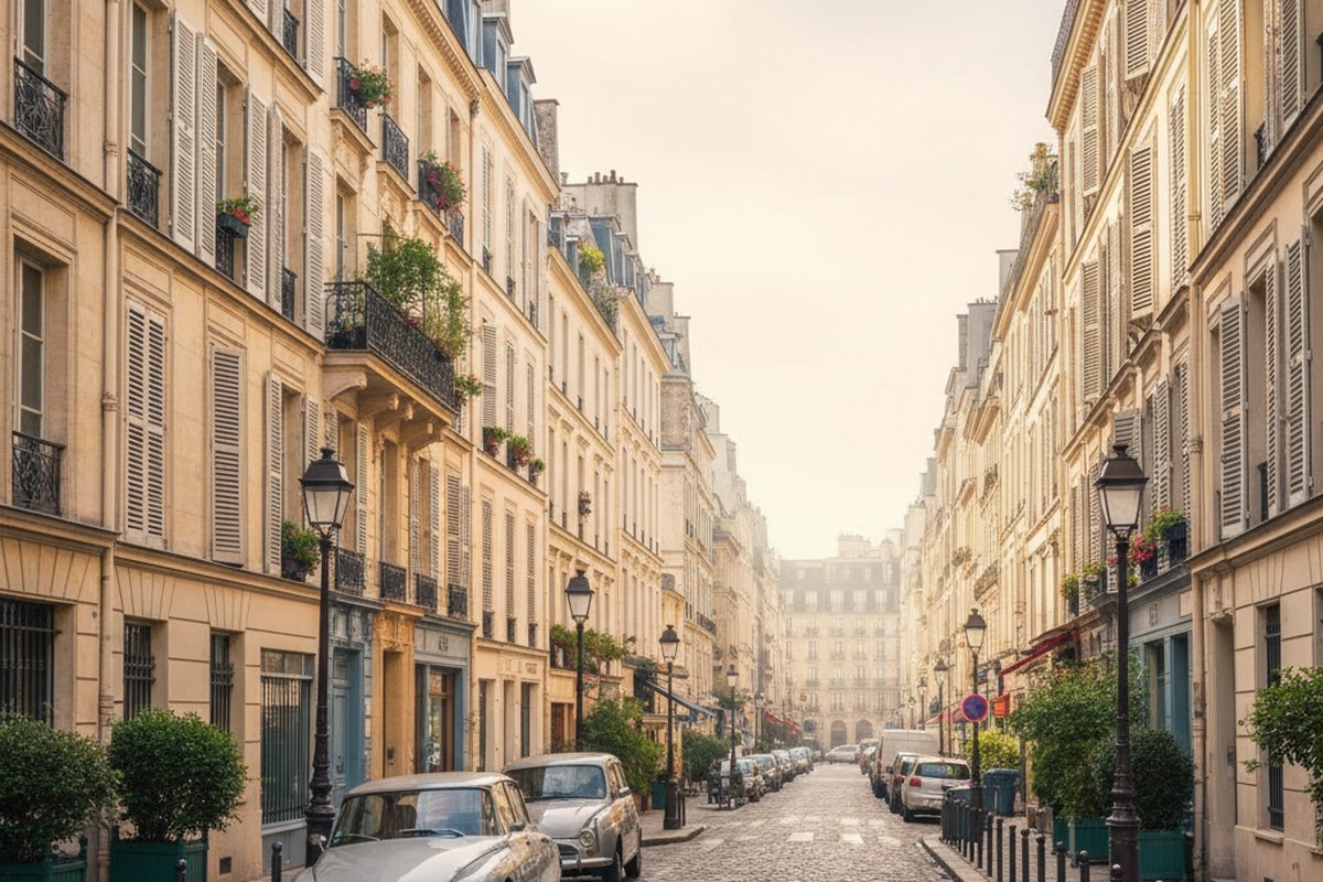 Elegant Left Bank street of Rue de Verneuil, Saint-Germain-des-Pres, Paris, with tall shuttered windows; illustrative, not a photograph of the listed property