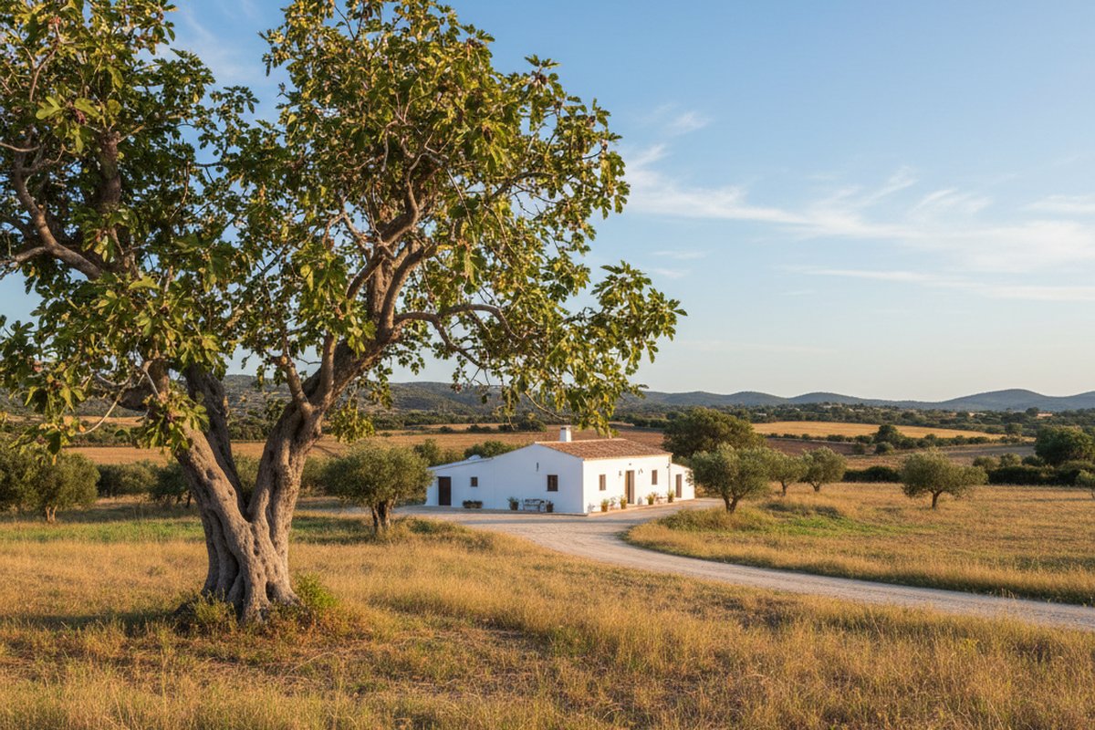 Restored whitewashed finca with an old fig tree in the fields around Santa Gertrudis, Ibiza; illustrative, not a photograph of the listed property