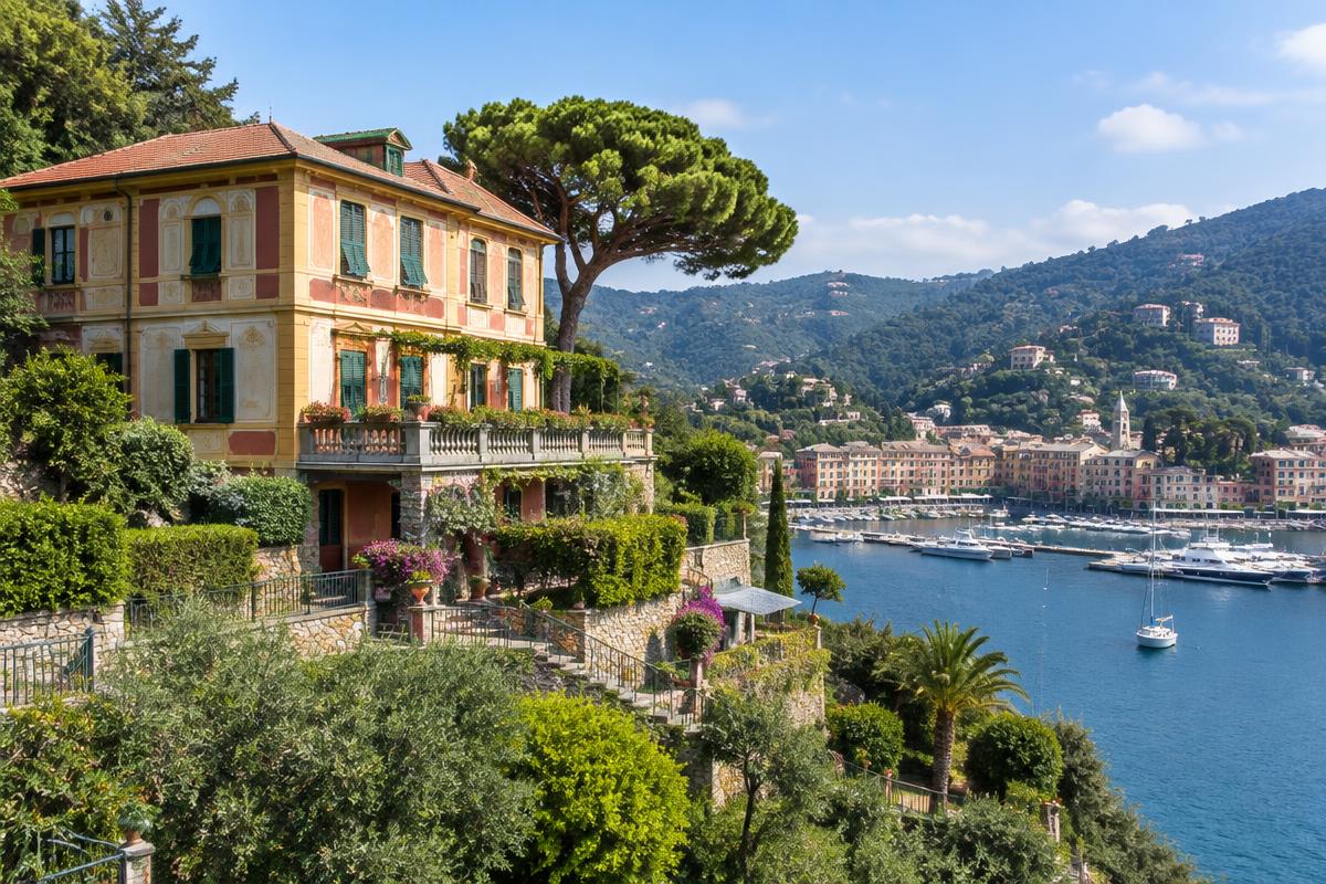 Terraced Ligurian villa with painted facade above the harbour of Santa Margherita Ligure; illustrative, not a photograph of the listed property